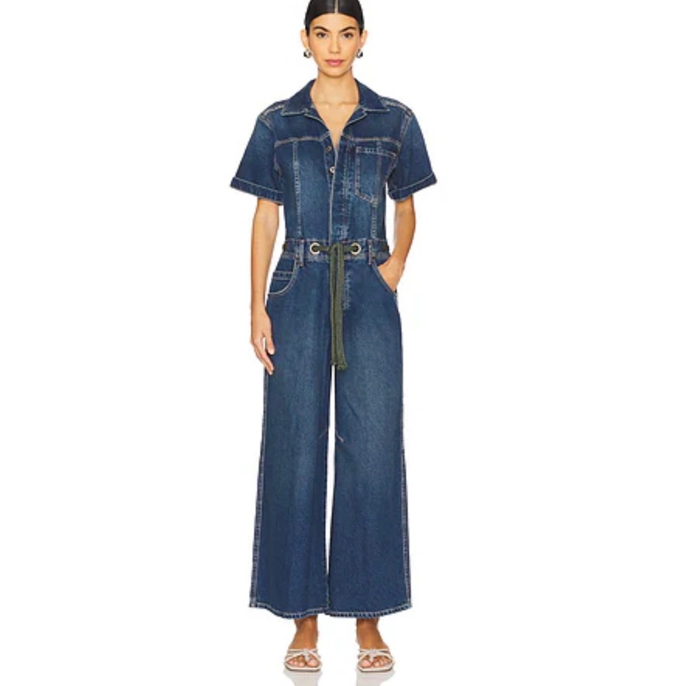 We The Free Free People Denim Jumpsuit Blue Wide Leg Short Sleeve Utility Large